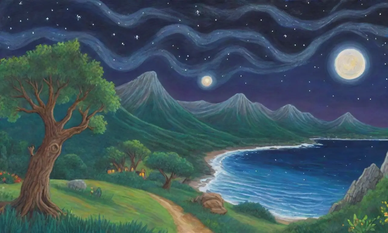 Un paisaje mágico lleno de estrellas, montañas, océanos y leyendas