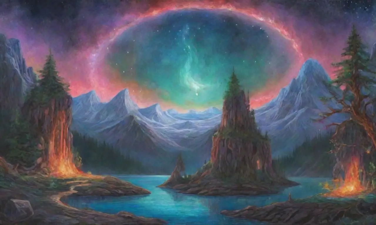 Un vasto universo de galaxias, reinos y criaturas míticas entrelazados en un tapiz cósmico de luz y misterio