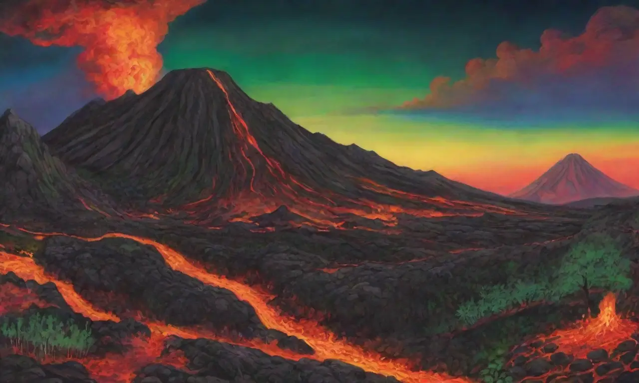 Un volcán en erupción rodeado de naturaleza vibrante y símbolos sagrados