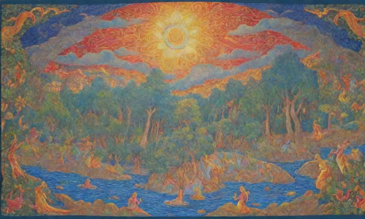 Un tapiz de colores vibrantes y mitología que fusiona lo antiguo con lo contemporáneo