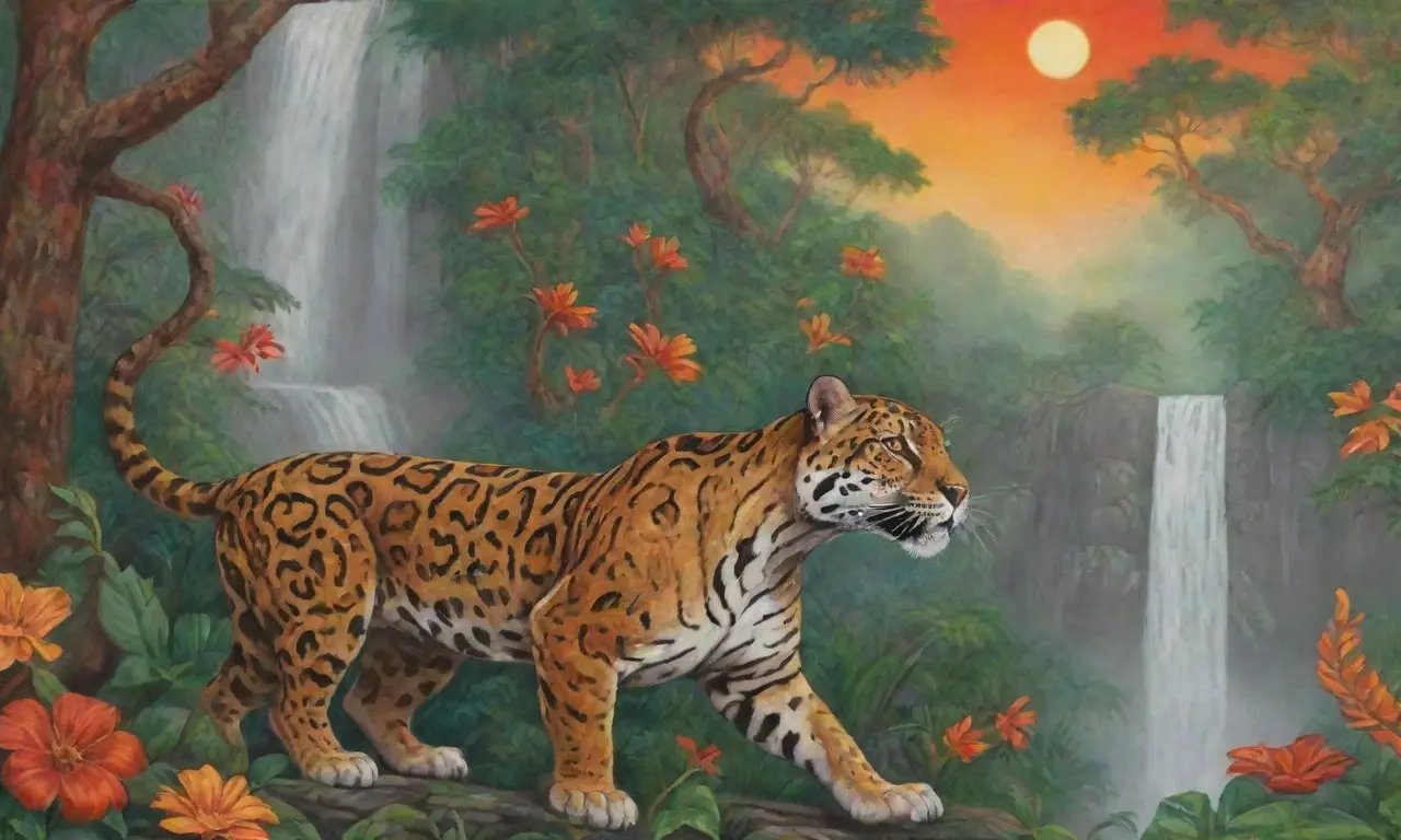 Una jungla vibrante con un jaguar majestuoso, símbolos aztecas, flores coloridas y un ambiente misterioso