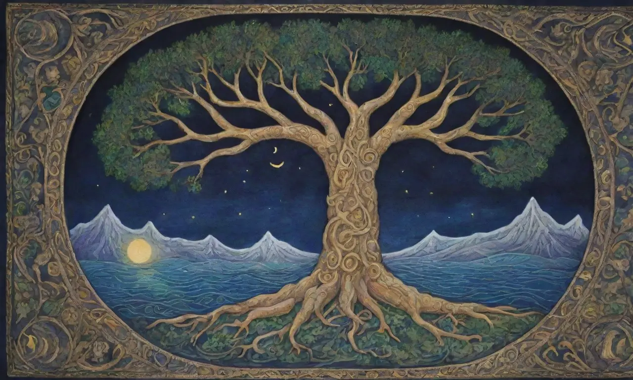 Un tapiz de azules y verdes con runas nórdicas, un Yggdrasil majestuoso, criaturas míticas, una Valkiria en armadura plateada, un arpa hermosa, montañas rugosas y un barco vikingo navegando, todo envuelto en un aire de atemporalidad