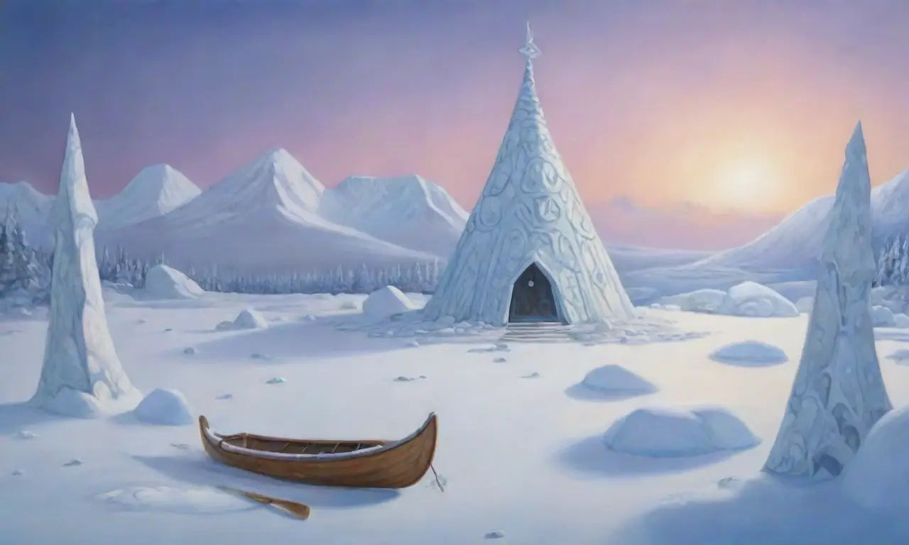 Un paisaje helado y místico con montañas, un río congelado, un oso polar, luces del norte y un iglú humeante