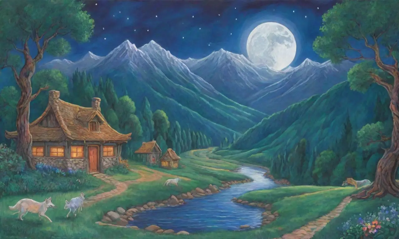Un paisaje cautivador de mitología vasca con colores vibrantes, criaturas etéreas y un pueblo rústico bajo la luna