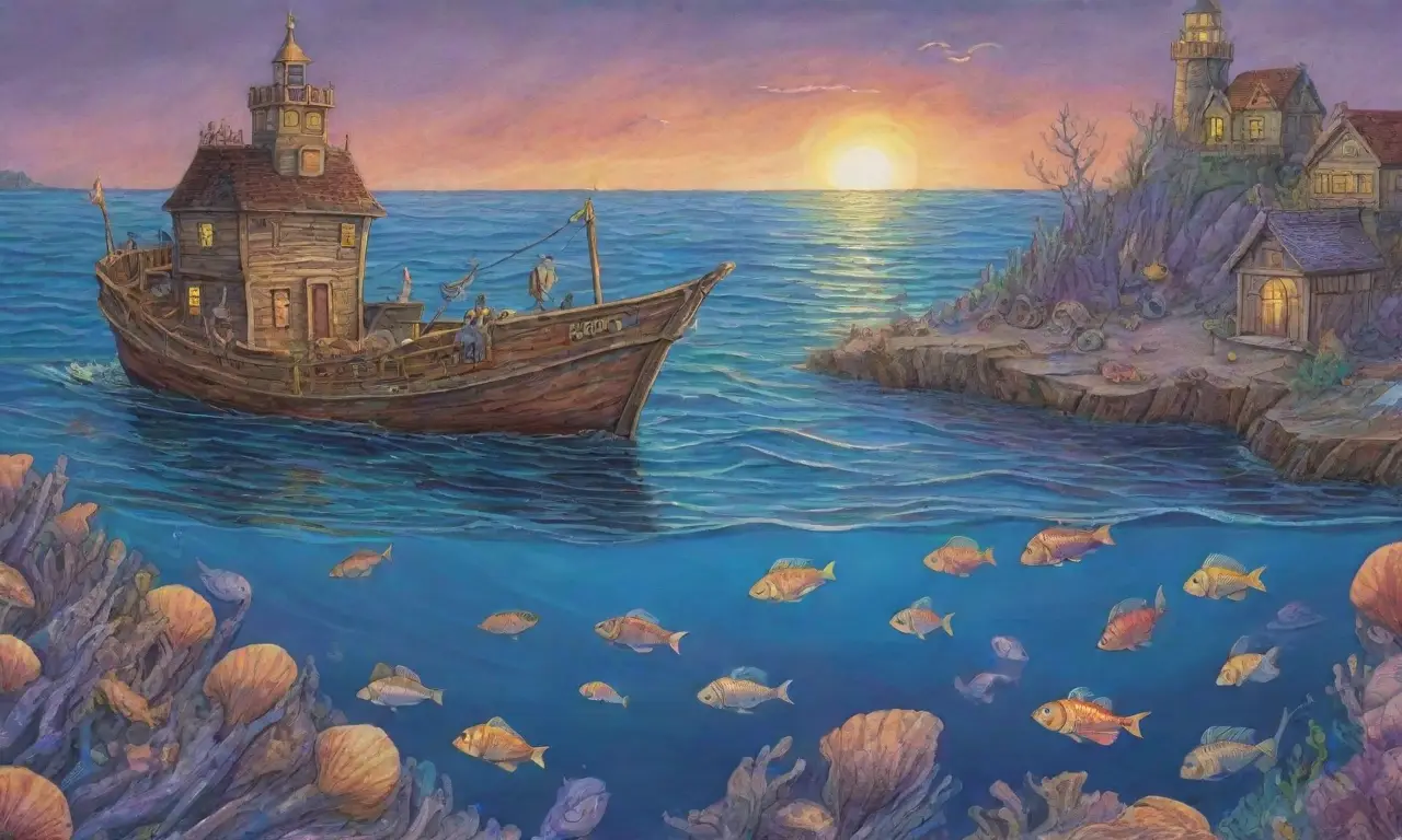 Un océano azul profundo con barcos antiguos, corales vibrantes, un kraken majestuoso, una sirena brillante y un tesoro en un mundo lleno de vida marina