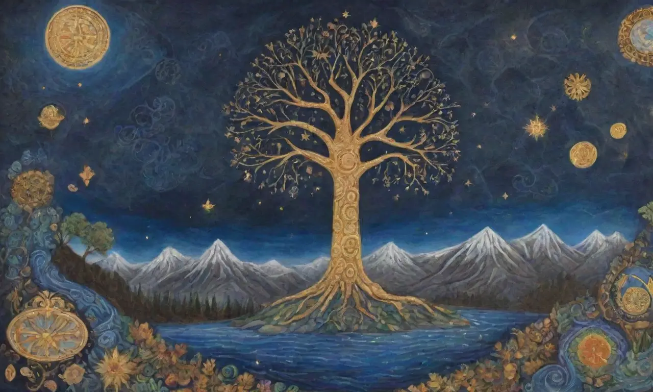 Un mural vibrante fusiona mitología y ciencia en un paisaje estelar