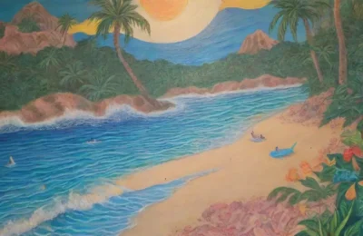 Un mural vibrante de Atabey rodeada de colores tropicales y elementos del Caribe