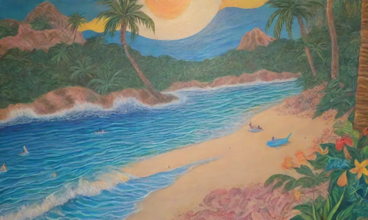 Un mural vibrante de Atabey rodeada de colores tropicales y elementos del Caribe