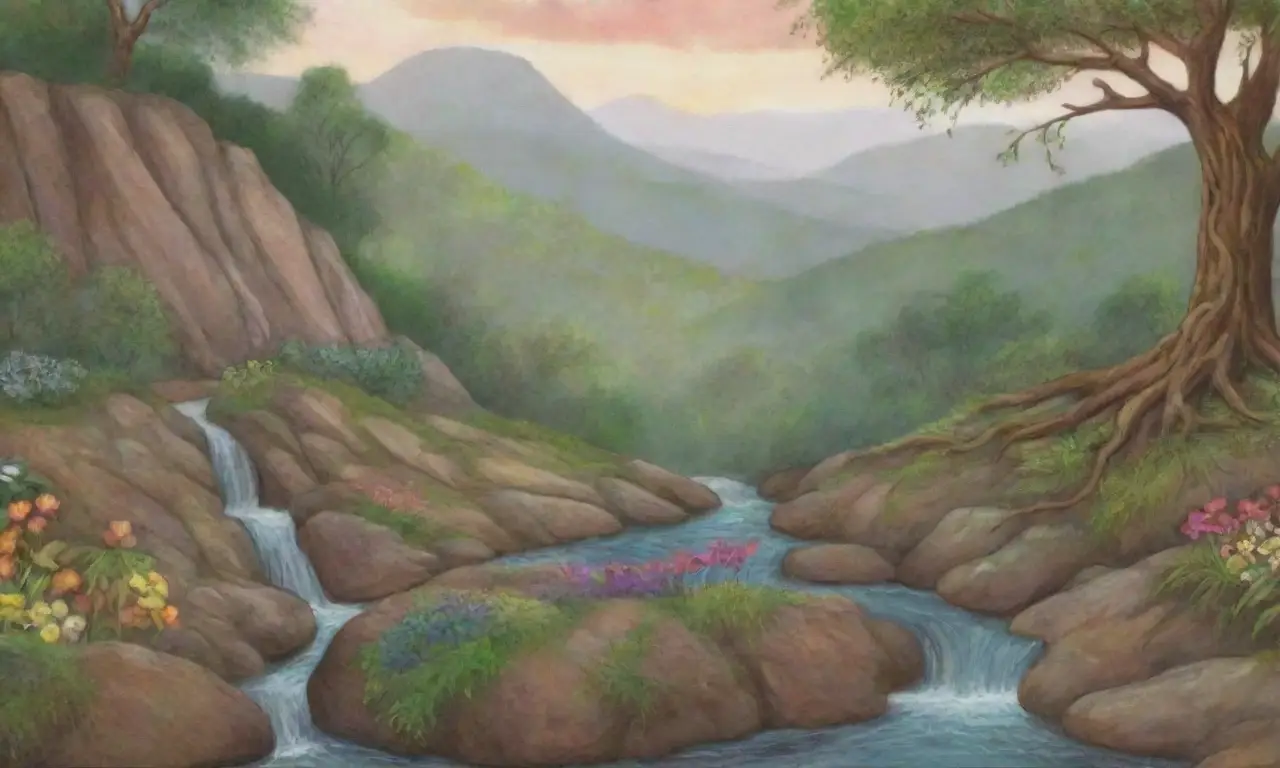 Un paisaje natural vibrante y sereno, lleno de colores, texturas y vida