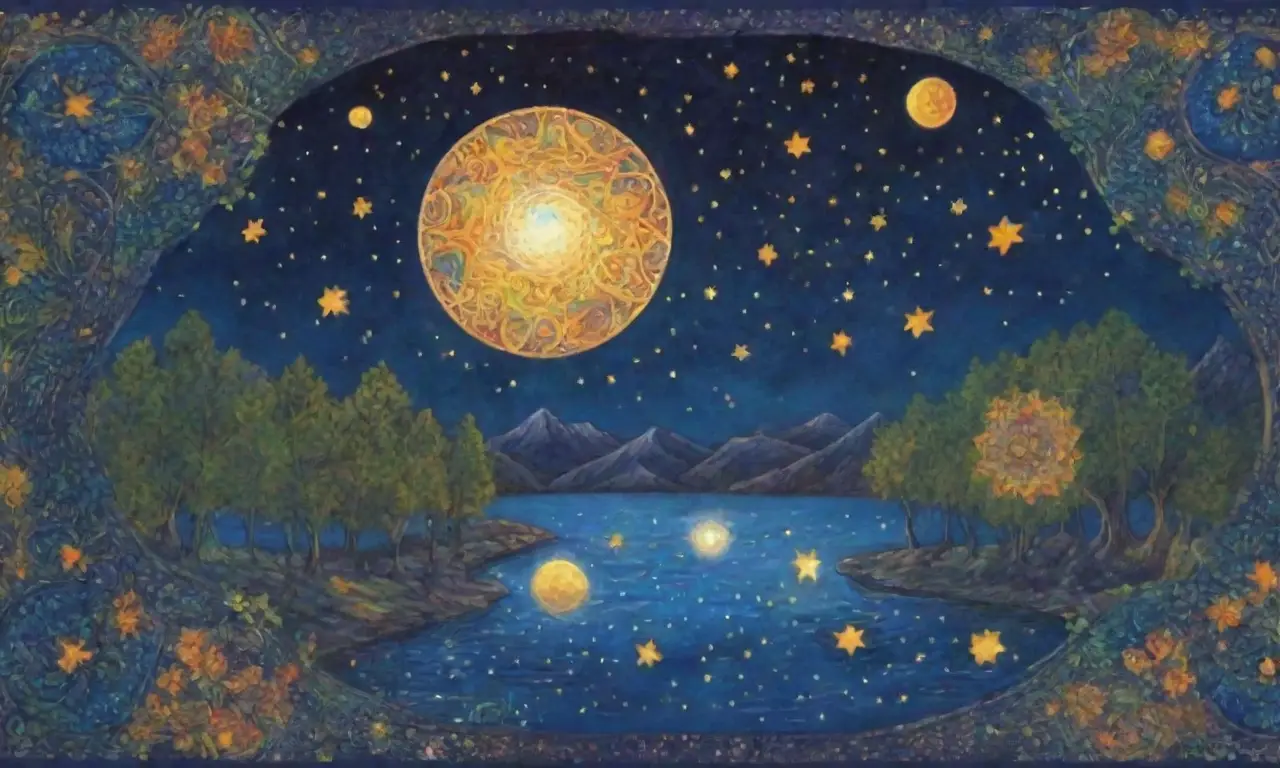 Un cielo estrellado entrelaza mitos y colores en un paisaje mágico