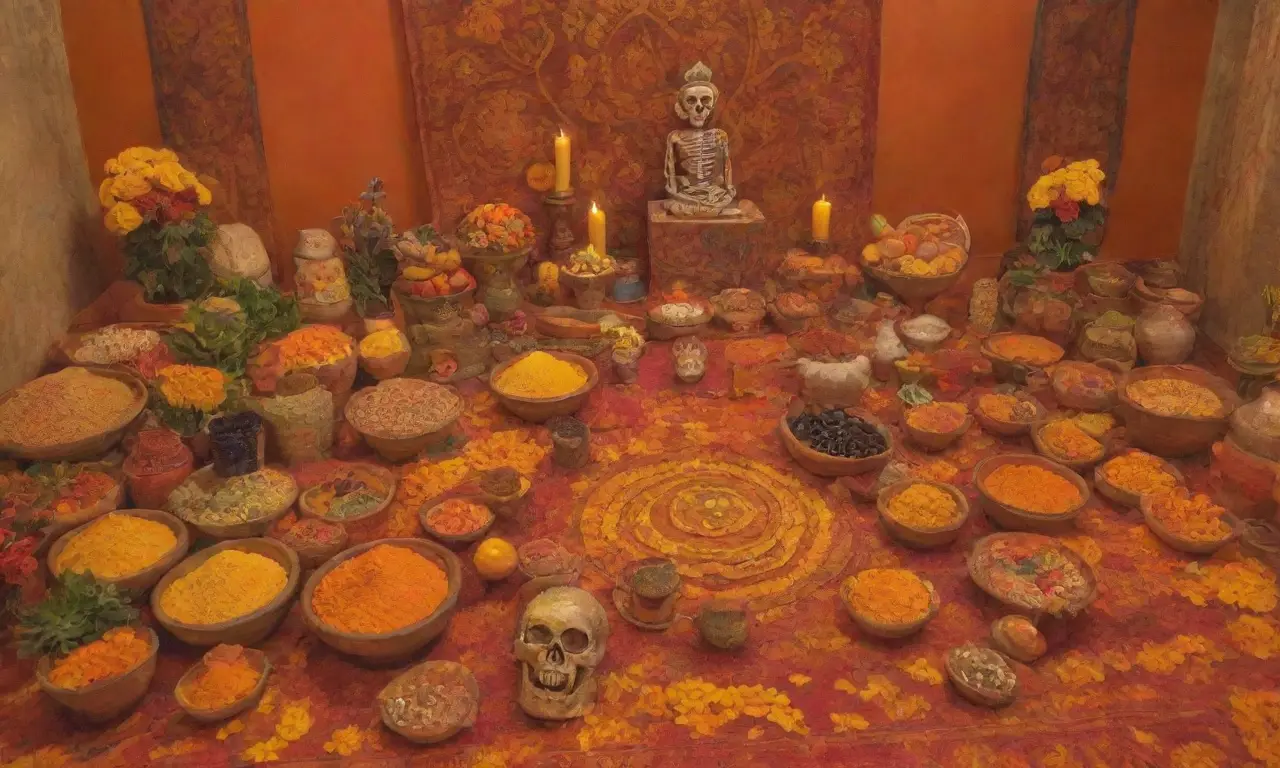 Un colorido altar del Día de Muertos combina flores, calaveras, ofrendas y un ambiente de celebración y reverencia