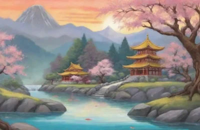 Un paisaje montañoso sereno con flores