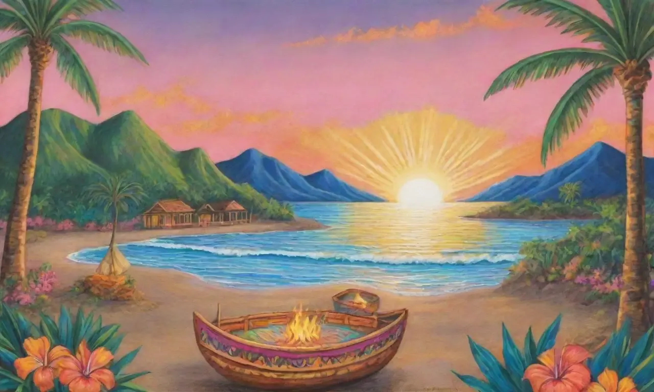 Un paisaje hawaiano vibrante y sereno, lleno de luz, naturaleza y cultura
