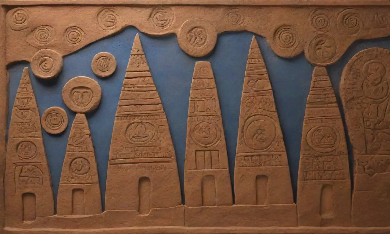 Tabletas de arcilla antiguas con símbolos cuneiformes y escenas mitológicas en un paisaje deslumbrante