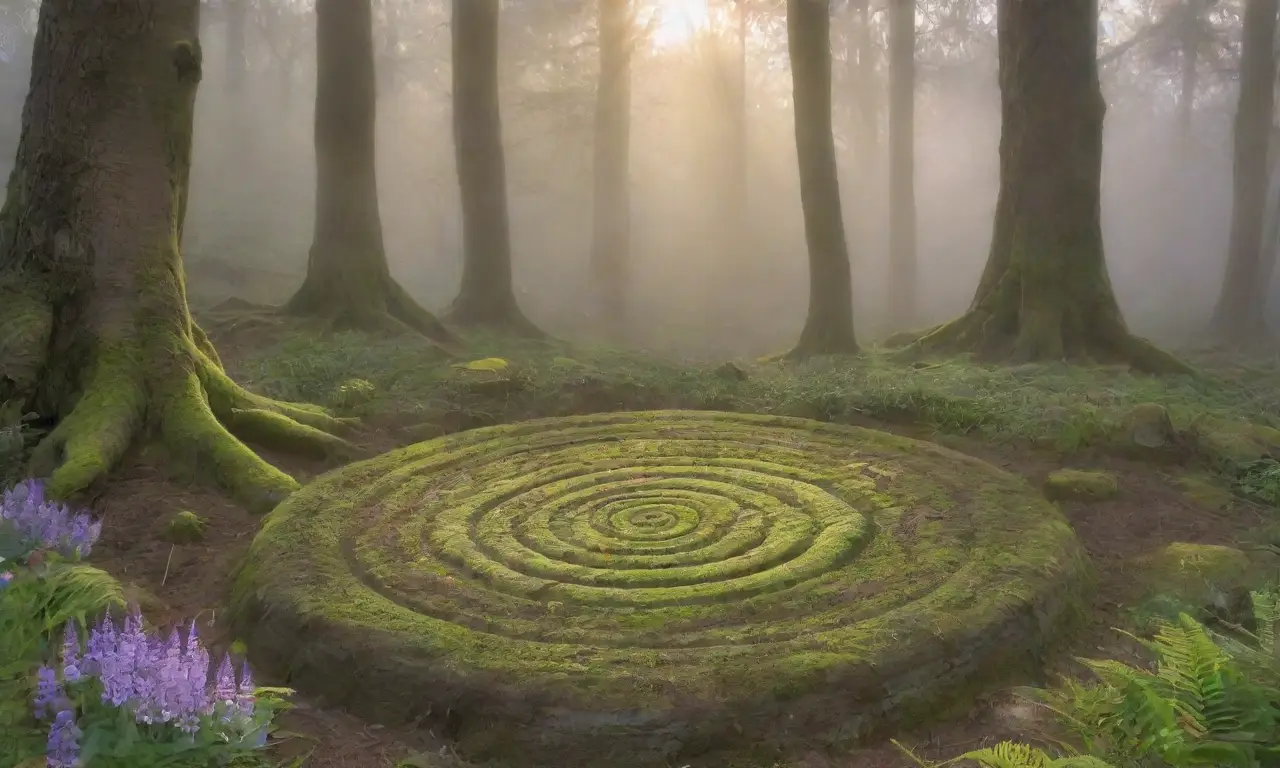 Un paisaje mágico de piedras antiguas cubiertas de musgo, rodeadas de helechos y flores silvestres, envuelto en misterio