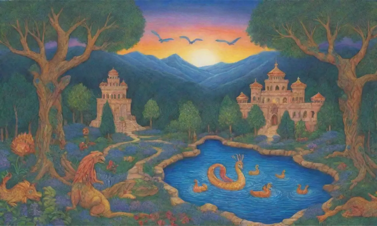 Un paisaje mágico lleno de colores vibrantes, criaturas míticas y antiguas historias