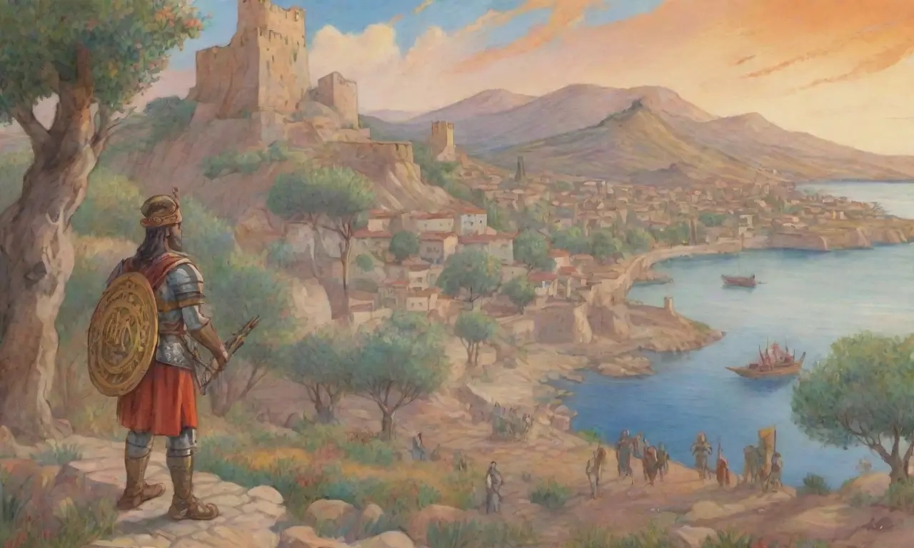 Eneas en armadura, con espada brillante, rodeado de seguidores y un paisaje vibrante que evoca esperanza y un nuevo comienzo