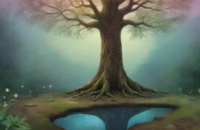 Un majestuoso árbol rodeado de naturaleza mágica y serena