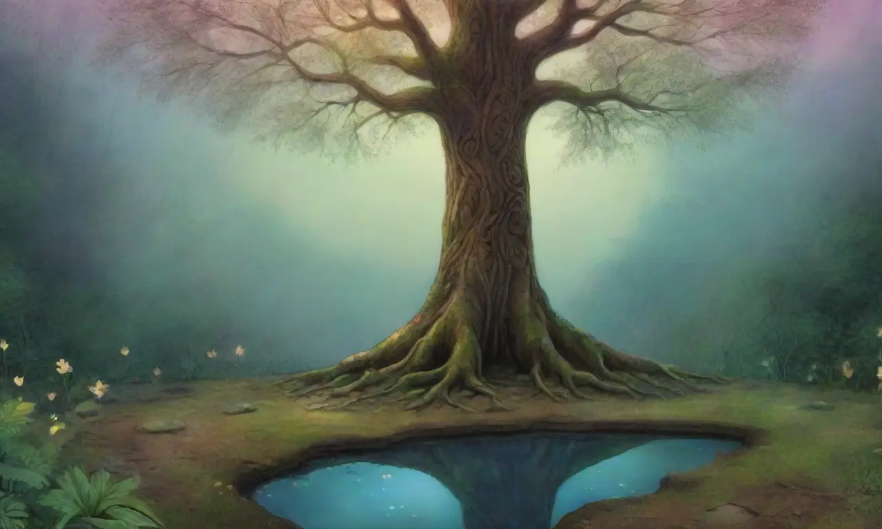 Un majestuoso árbol rodeado de naturaleza mágica y serena