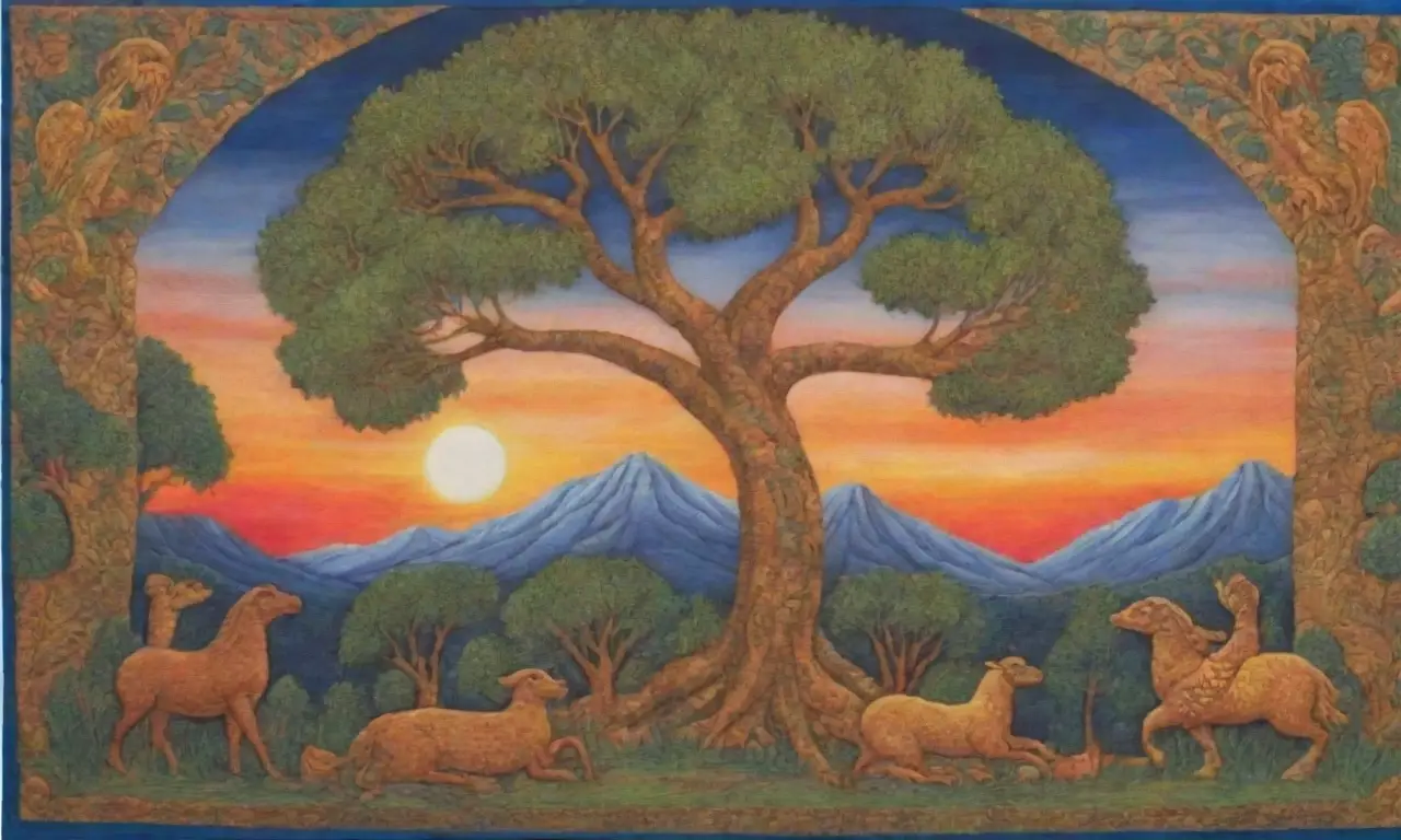 Un paisaje etrusco lleno de símbolos antiguos, naturaleza vibrante y mitología