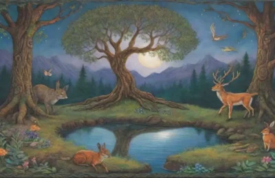 Un bosque mágico con árboles antiguos