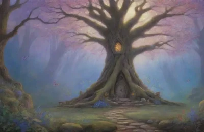 Un bosque místico con árboles antiguos