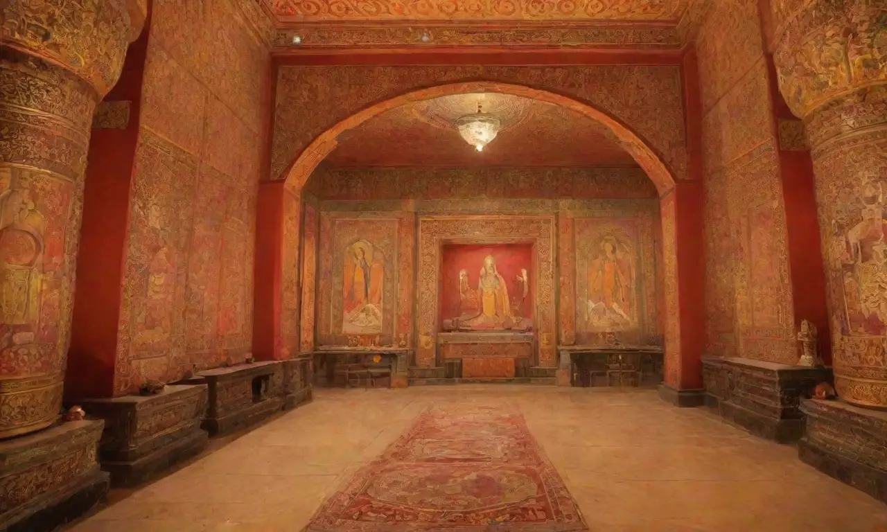 Un templo sagrado lleno de frescos, mosaicos, altares de mármol, incienso y devotos en oración