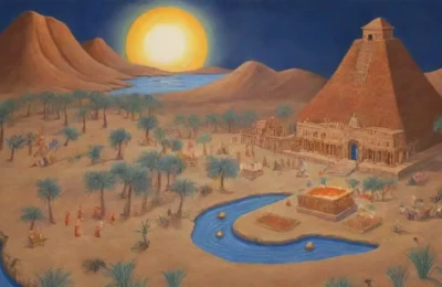 Un paisaje sumerio antiguo con un atardecer sobre un ziggurat