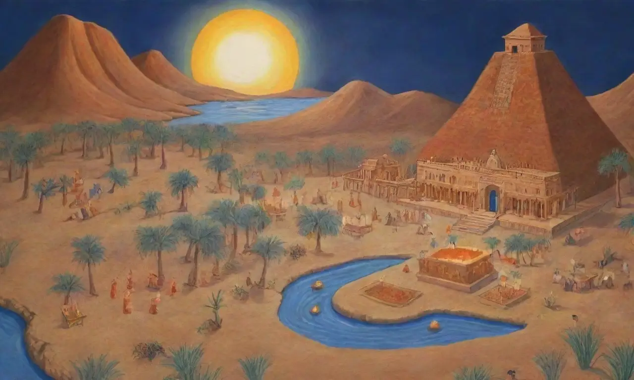 Un paisaje sumerio antiguo con un atardecer sobre un ziggurat