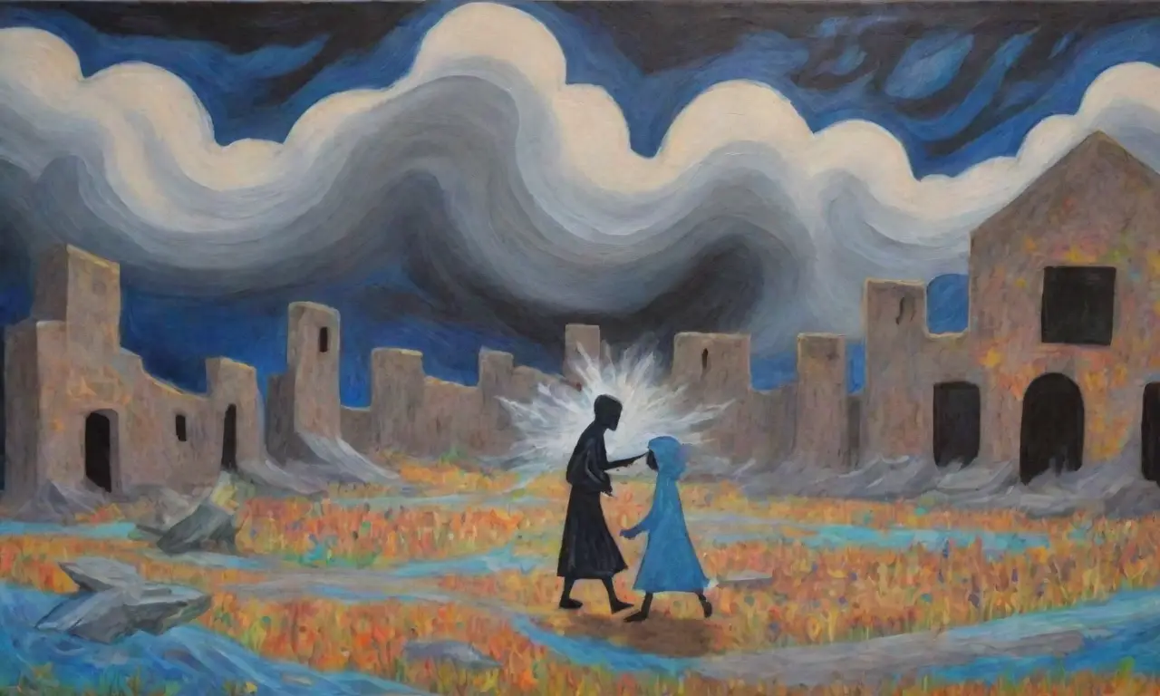 Un mural vibrante que refleja dolor y esperanza en un caos de sombras y luces