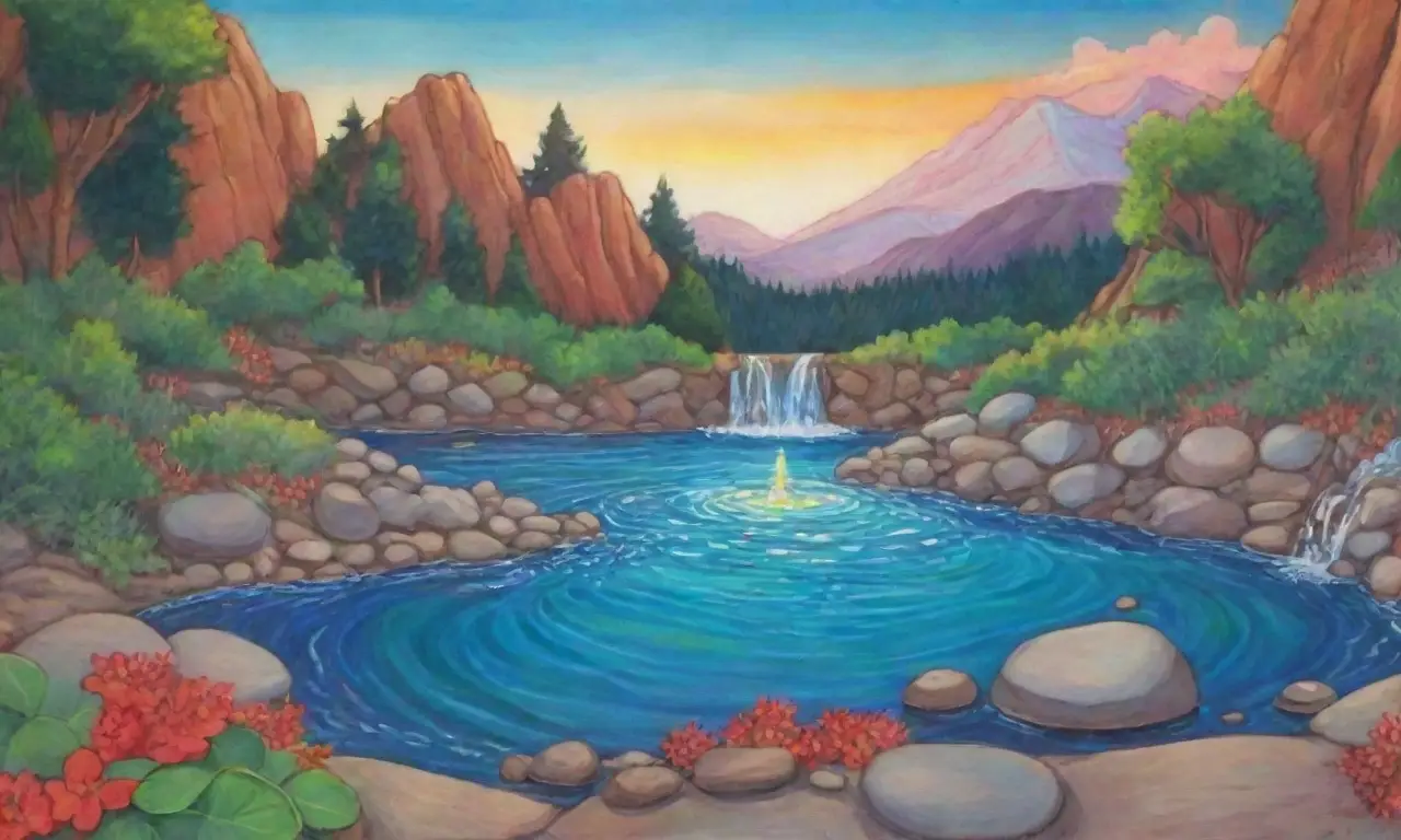 Un paisaje sereno y vibrante lleno de colores y elementos naturales