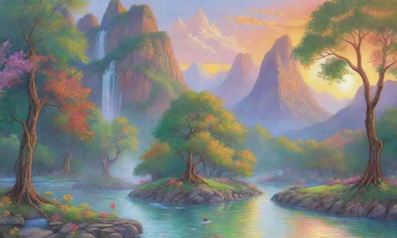 Un paisaje mágico de ríos, montañas, flores y criaturas míticas bajo un sol dorado