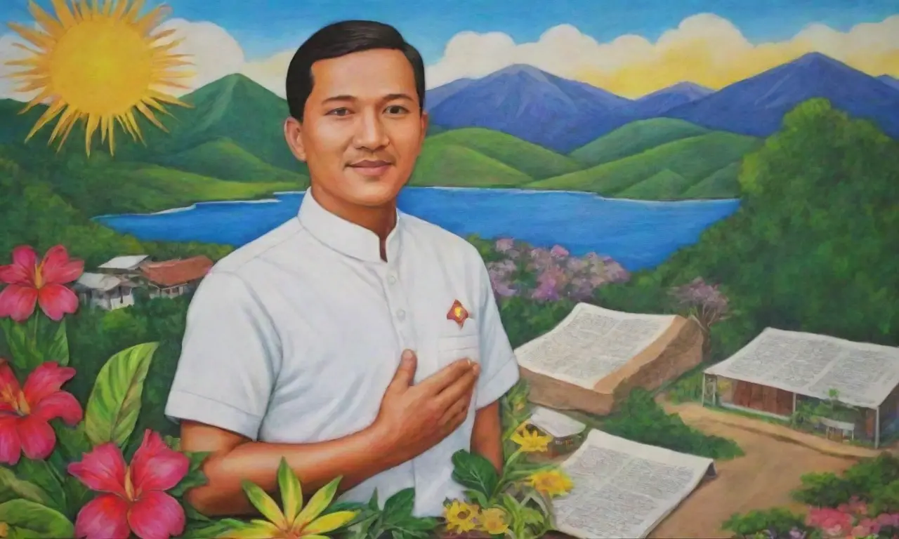 Un mural vibrante de José Rizal rodeado de elementos que simbolizan libertad