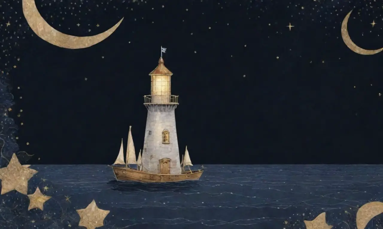 Un fondo azul marino con estrellas, un compás dorado, mapas antiguos, un barco en el horizonte y un faro guiando el camino