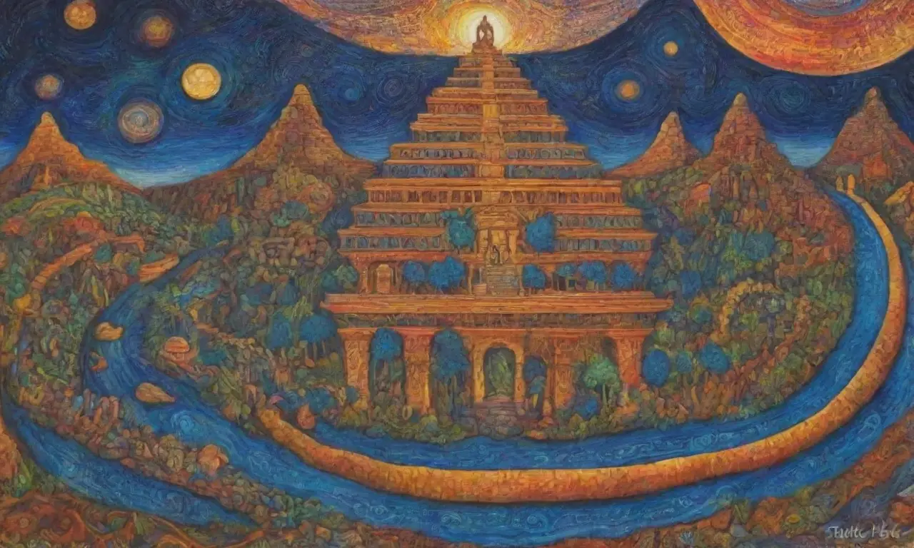 Tabletas antiguas con grabados intrincados y colores vibrantes que reflejan mitos y sabiduría