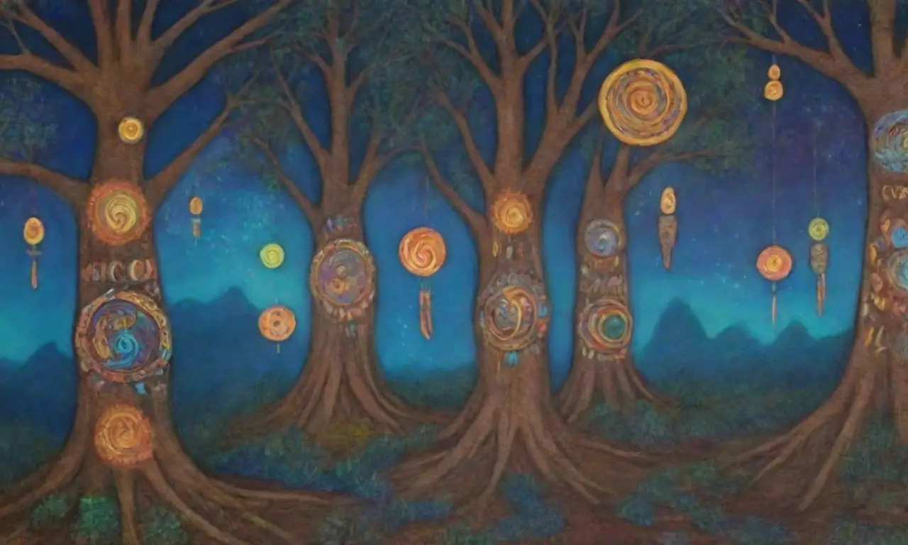 Colores vibrantes, símbolos antiguos y criaturas místicas crean una conexión cósmica en un ritual sagrado