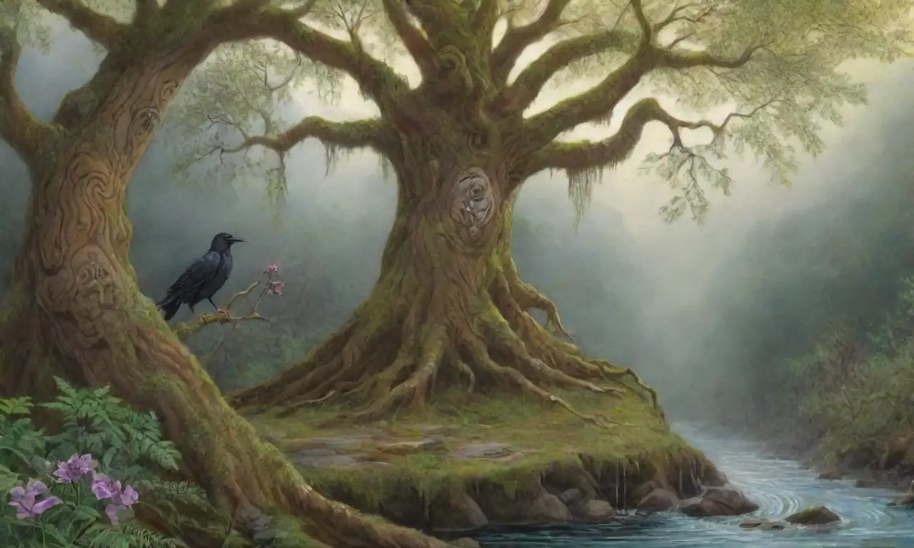 Un bosque místico con Kvasir, sabio y rodeado de sabiduría, en un ambiente de tranquilidad y destino