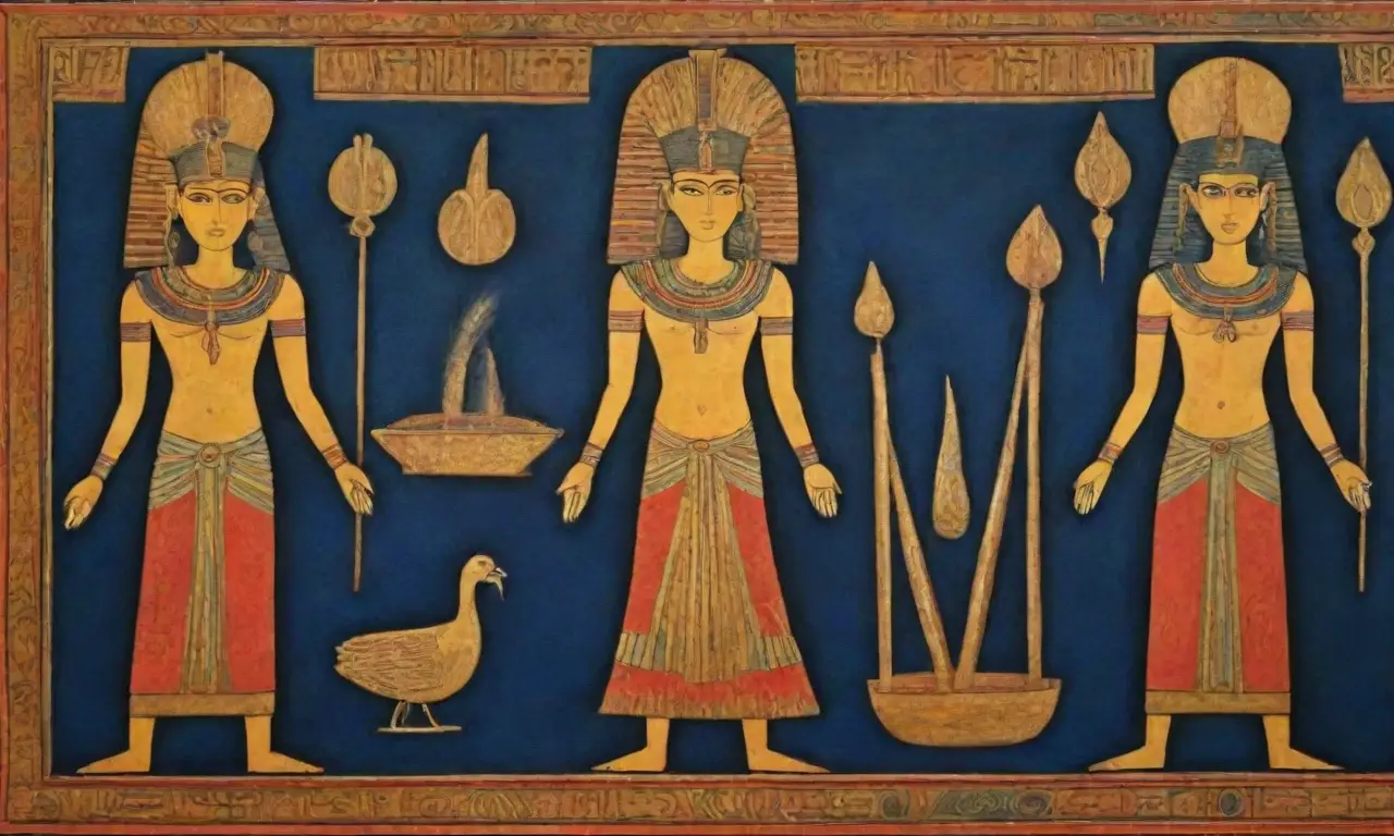 Imágenes vibrantes de la antigua Egipto con símbolos sagrados y escenas de vida cotidiana
