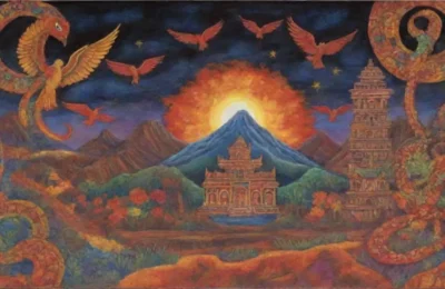 Colores vibrantes y símbolos culturales entrelazados crean un paisaje lleno de historia y vida