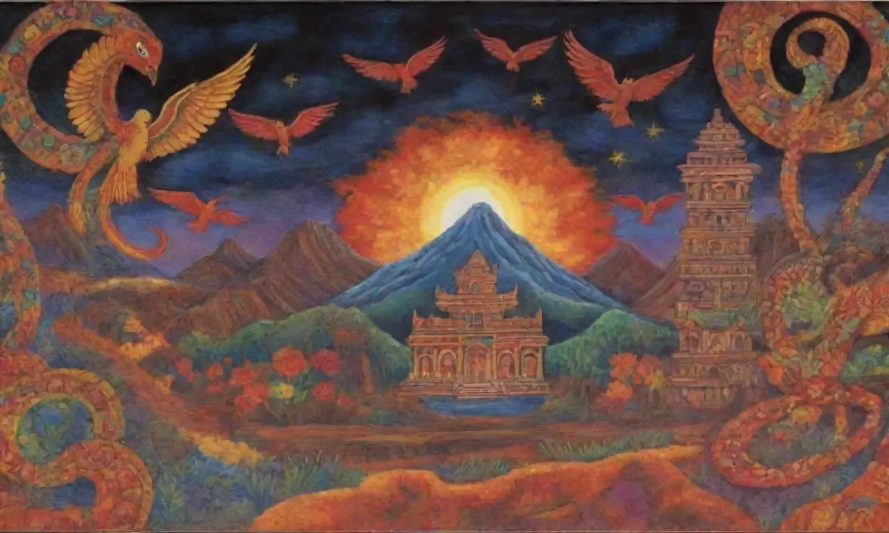 Colores vibrantes y símbolos culturales entrelazados crean un paisaje lleno de historia y vida
