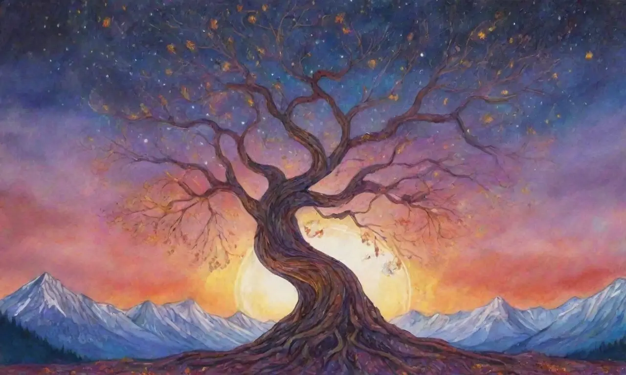 Un cielo estrellado con un majestuoso Yggdrasil, Valkirias en batalla y un paisaje mágico lleno de colores vibrantes