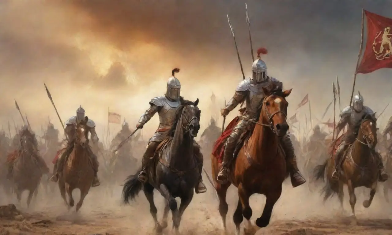 Un vasto campo de batalla con guerreros en bronce, espadas alzadas y un aire de gloria y destino