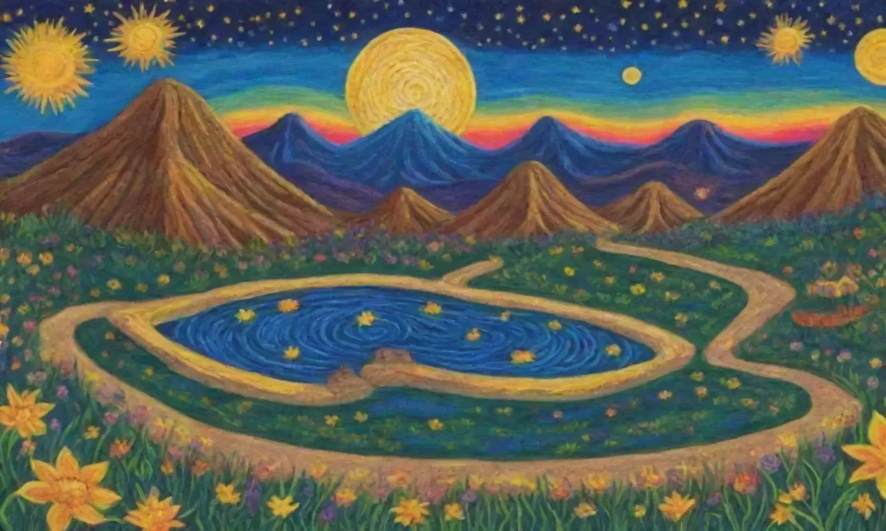 Un paisaje vibrante de Sumeria con colores intensos, un ziggurat, figuras de amor y naturaleza en armonía