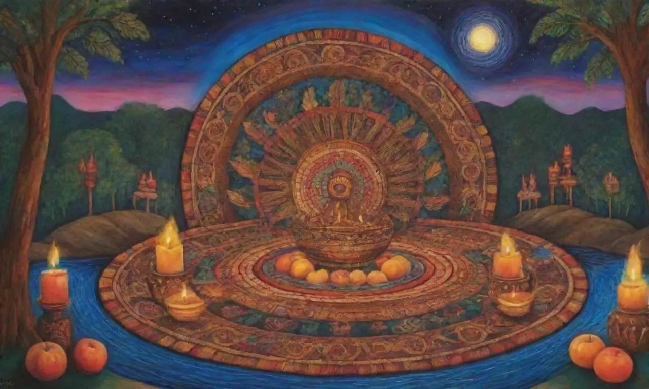 Colores vibrantes y símbolos ancestrales crean una danza de vida y conexión en un entorno sagrado