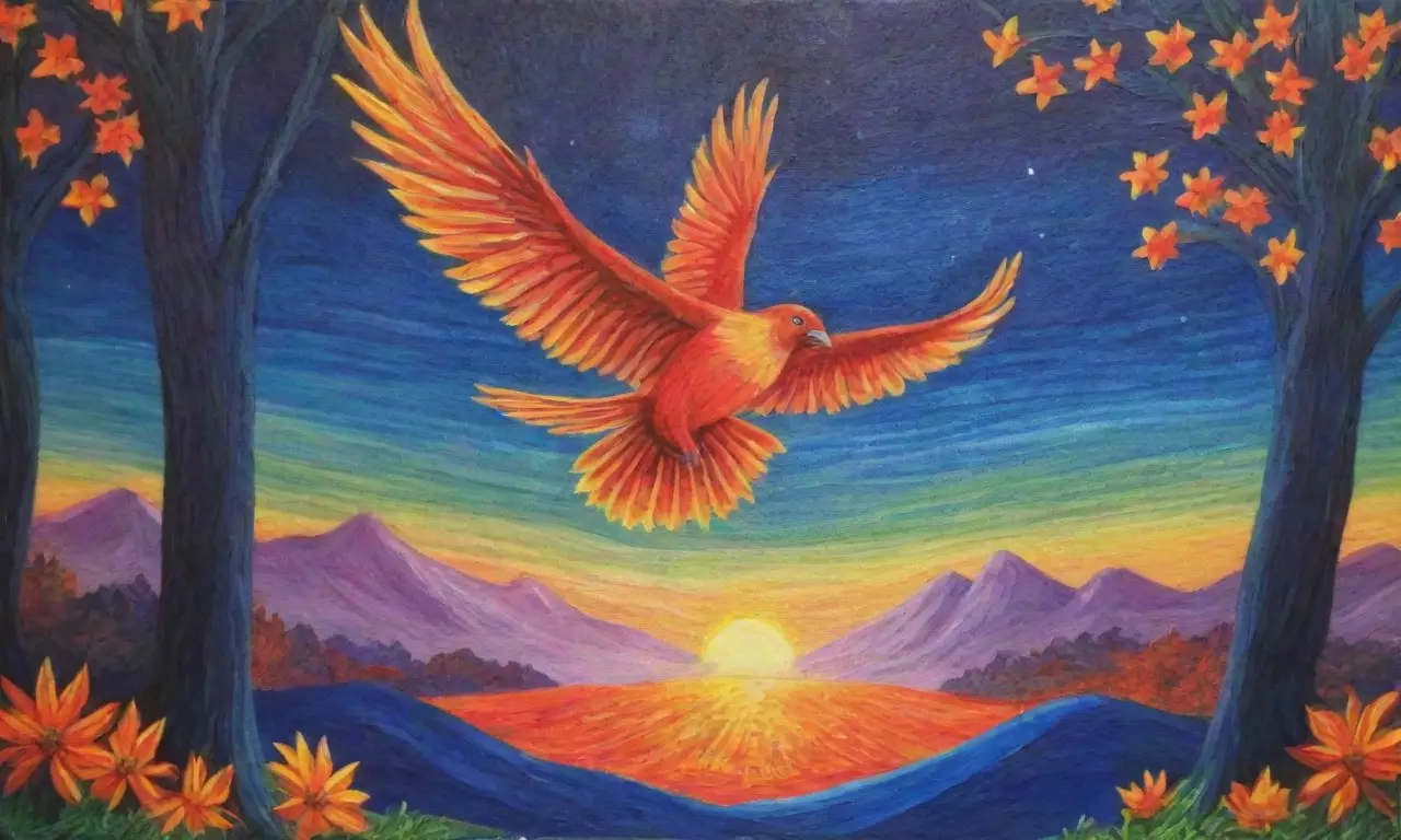 Un fénix resplandece entre colores vibrantes y mitos