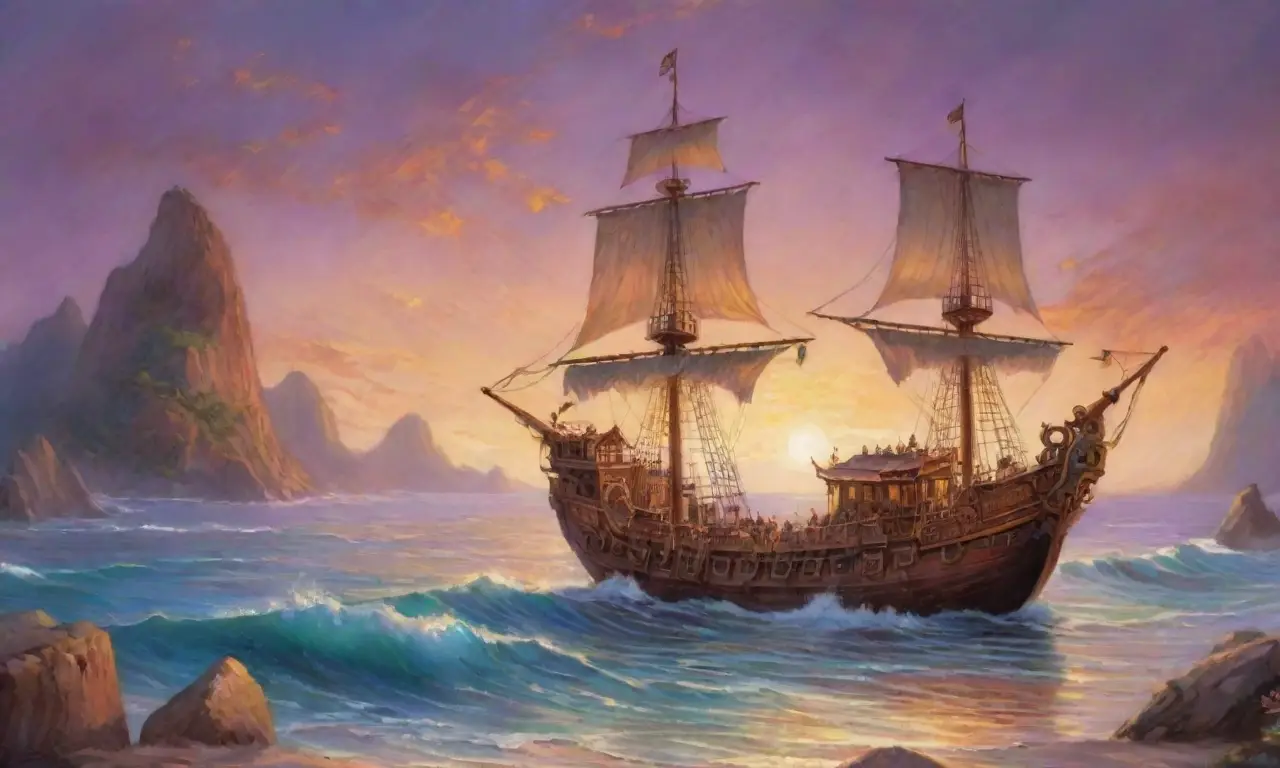 Un océano bajo un cielo crepuscular refleja antiguos barcos y mitos