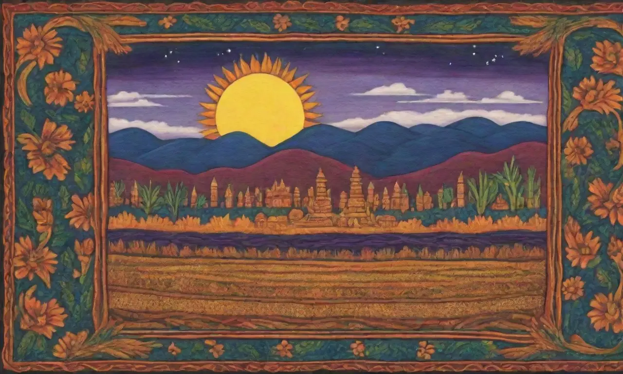 Campos de maíz vibrantes bajo el sol, con símbolos aztecas, ofrendas y la esencia de una civilización