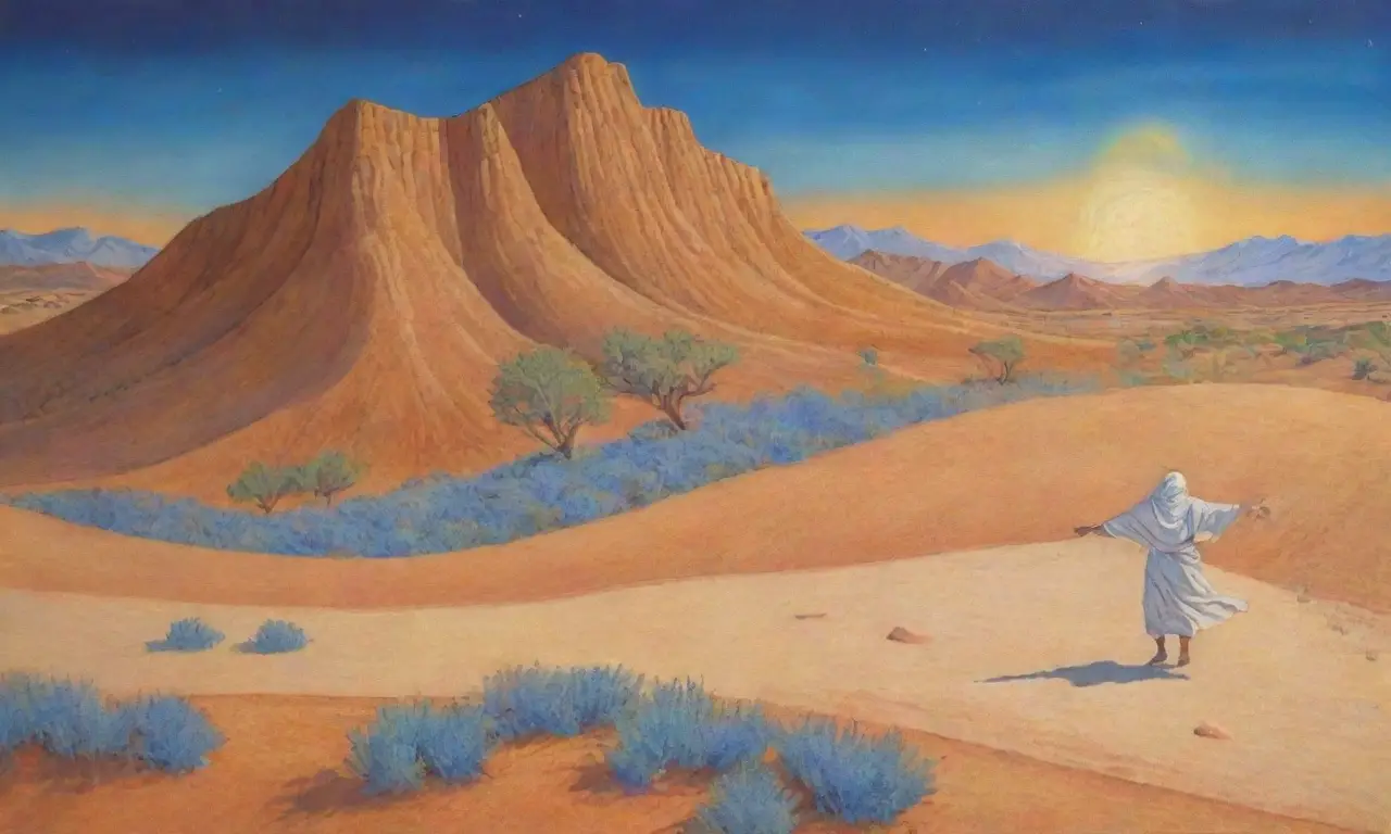 Un desierto dorado con una figura solitaria, ruinas antiguas, un oasis distante y un cielo estrellado al atardecer
