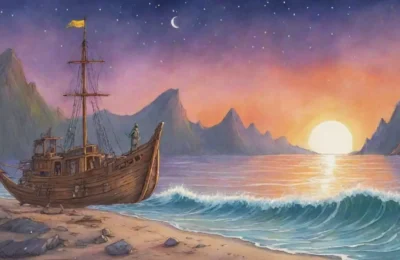 Un valiente navegante contempla un vasto horizonte lleno de aventuras y misterios