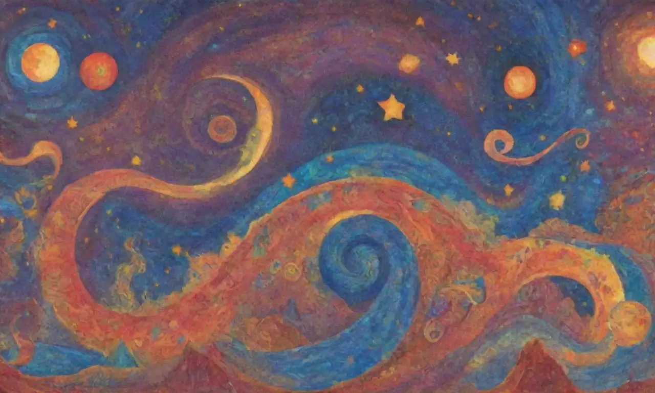 Un tapiz celestial de galaxias, colores vibrantes y símbolos antiguos